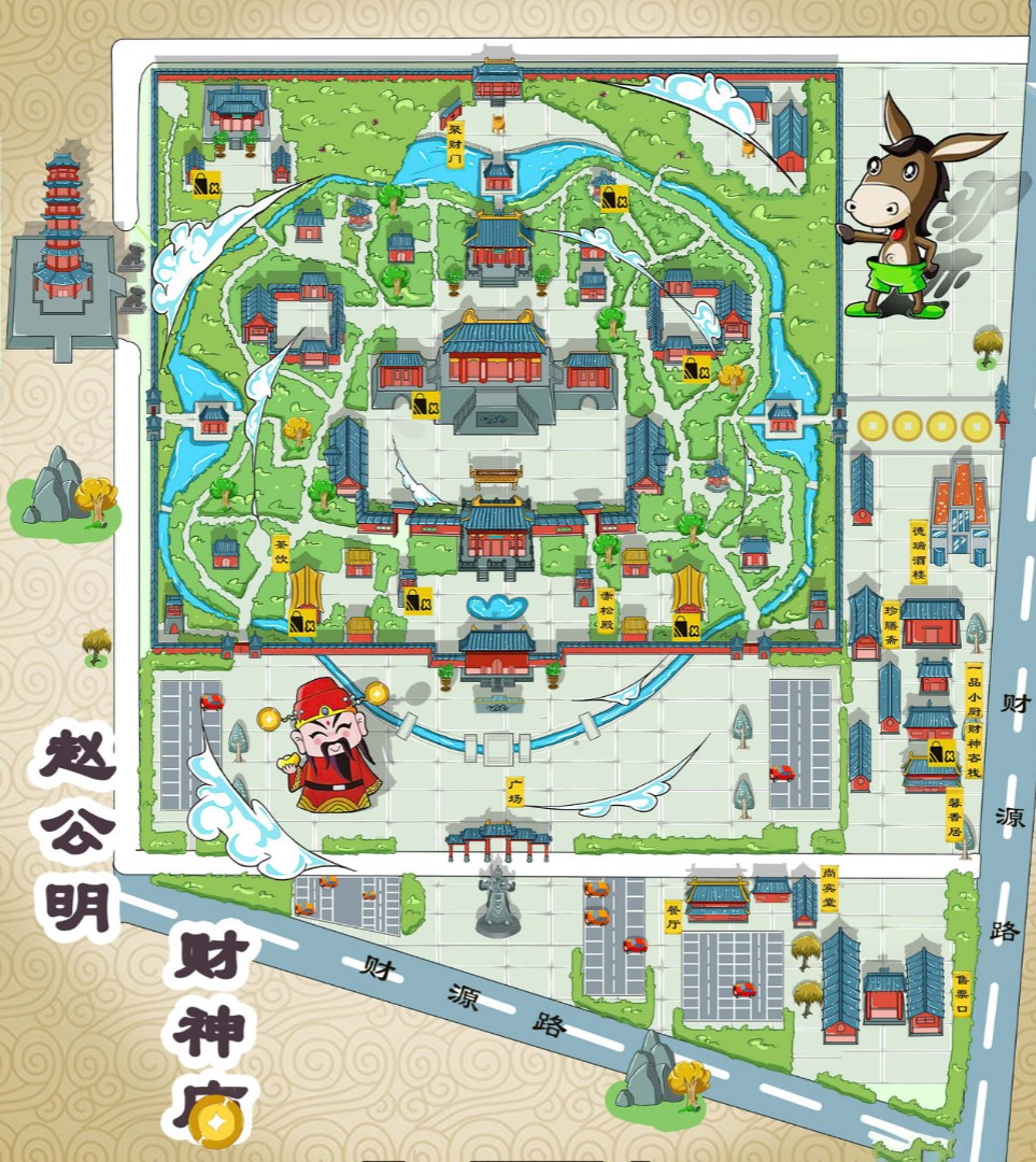 红山街道寺庙类手绘地图